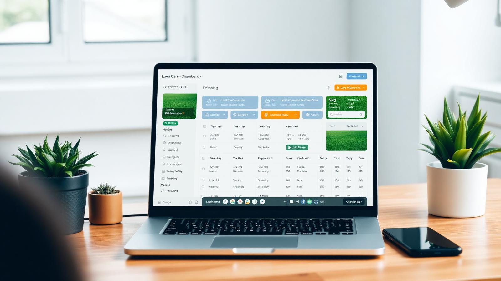 A laptop showing a lawn care CRM dashboard on a modern desk