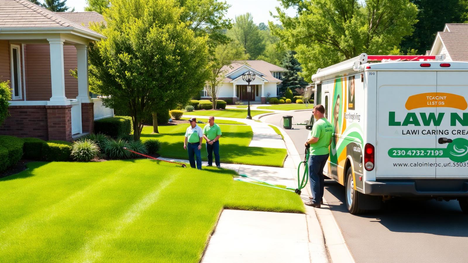 A lawn care crew and truck working on a bright suburban street
