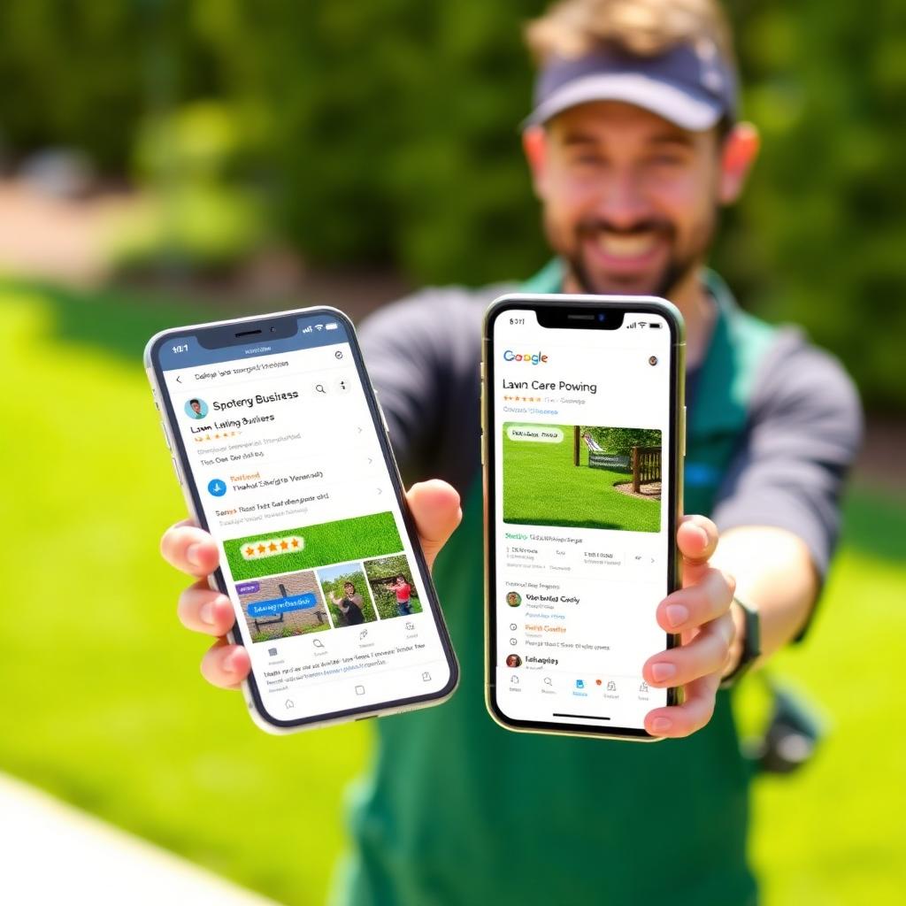 A lawn care owner holding a phone displaying an optimized Google Business Profile