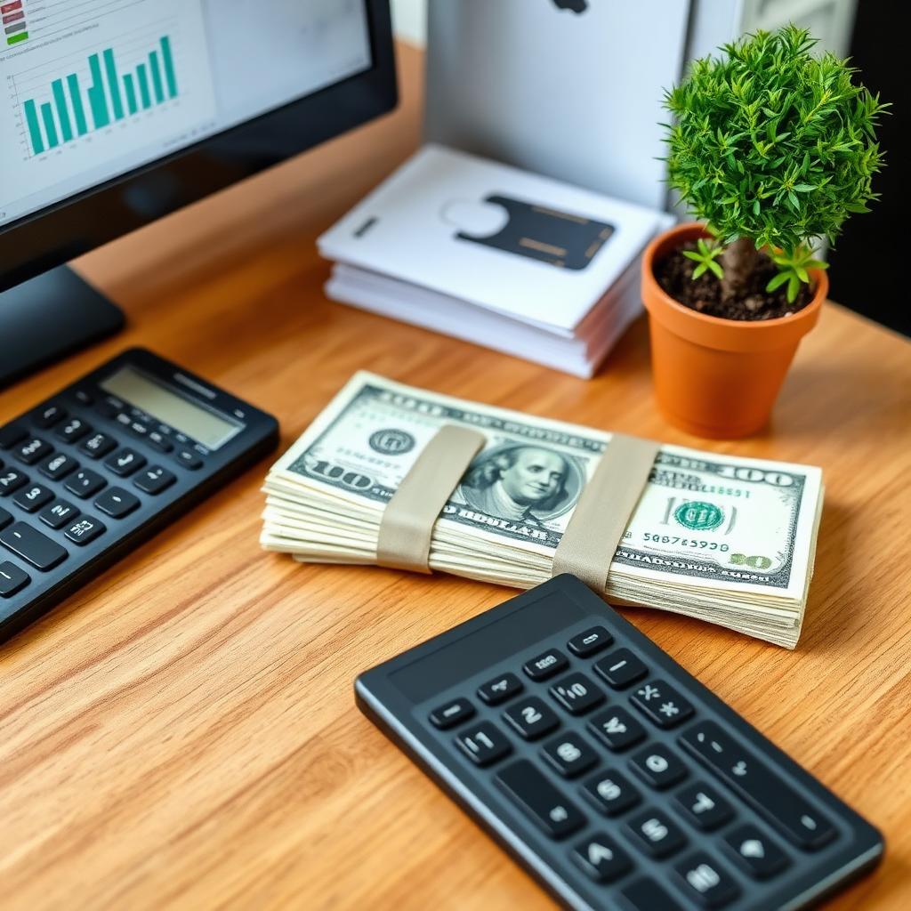 A desk with a calculator, cash, and a small plant, representing landscaping lead cost analysis