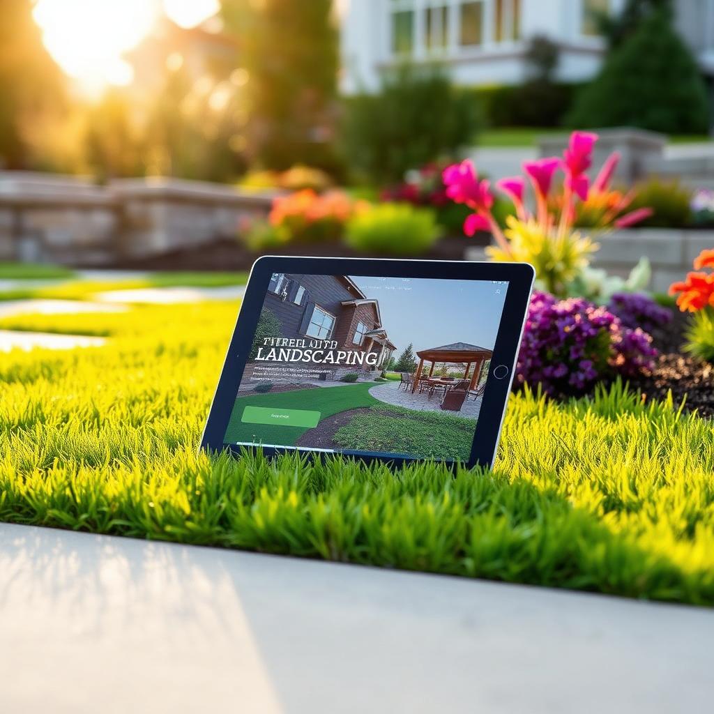A tablet showing a landscaping portfolio page in a manicured garden