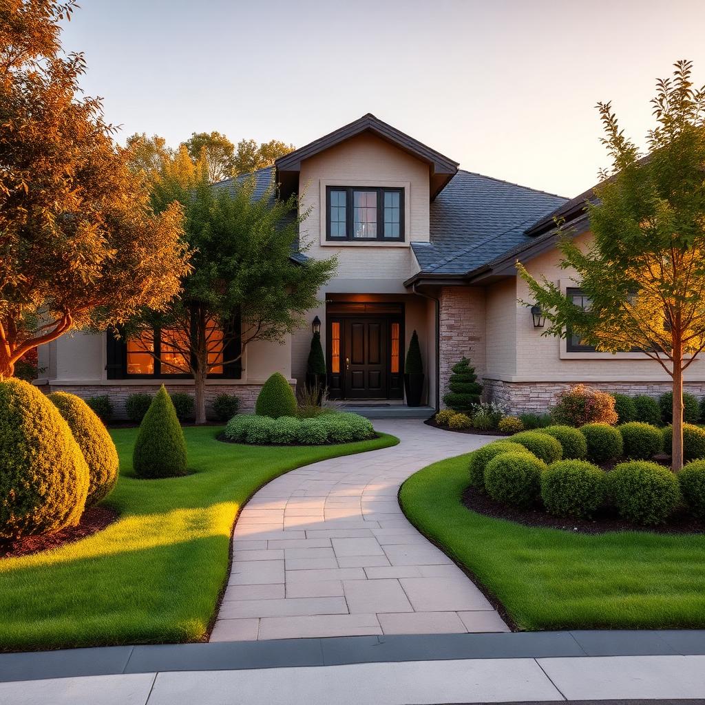 A landscaped modern home at sunset