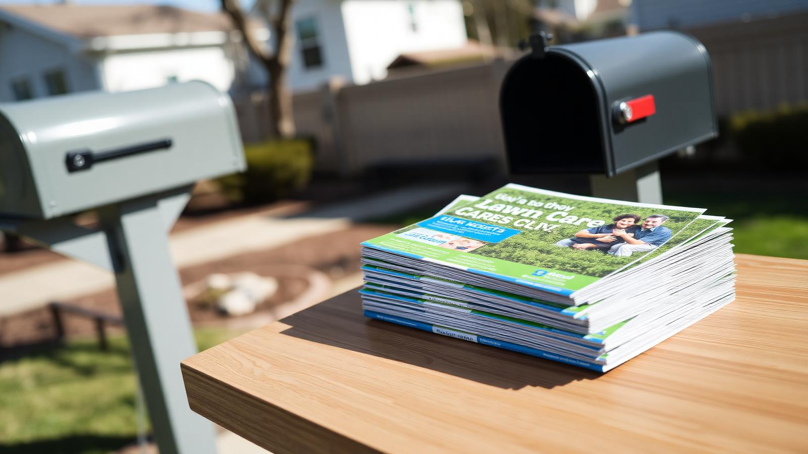 A stack of lawn care flyers on a table near suburban mailboxes