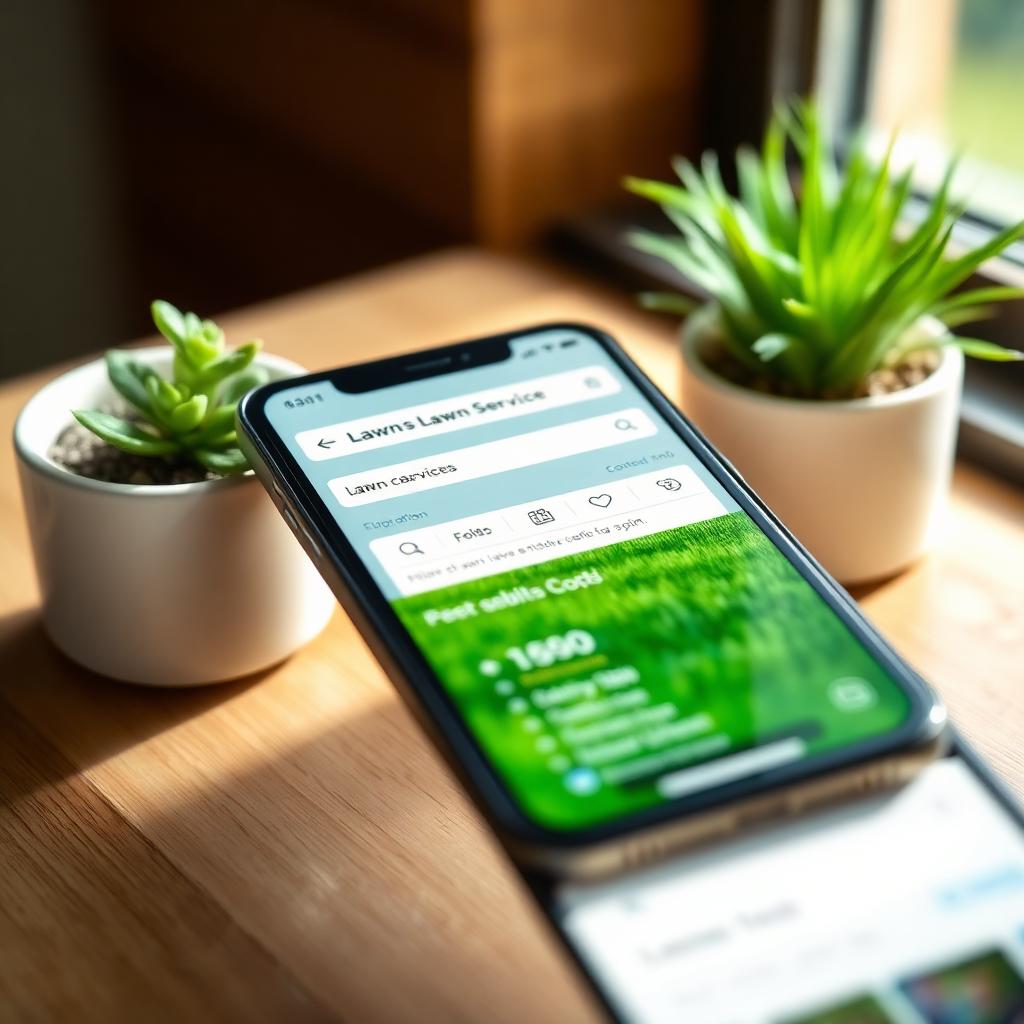 A phone on a desk showing lawn care service search results with cost figures