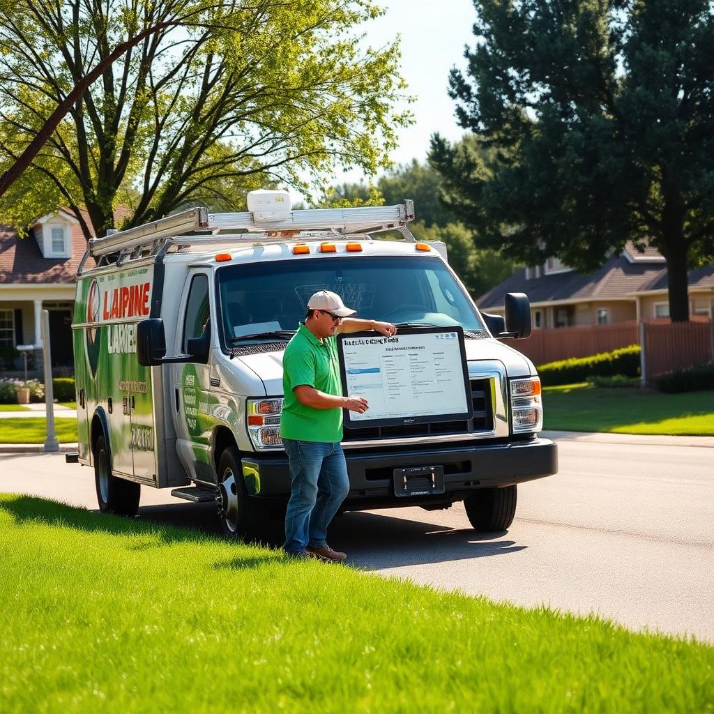 A lawn care crew reviewing a tablet with a full route of new leads next to their truck