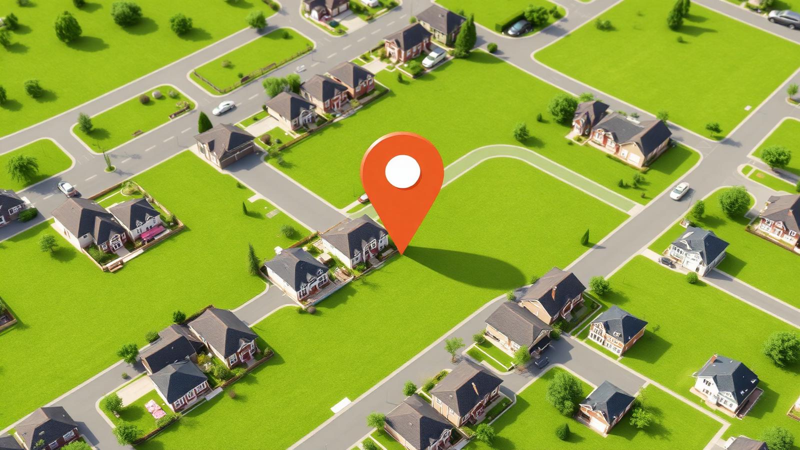 An aerial view of a suburban neighborhood with a large map pin over one home