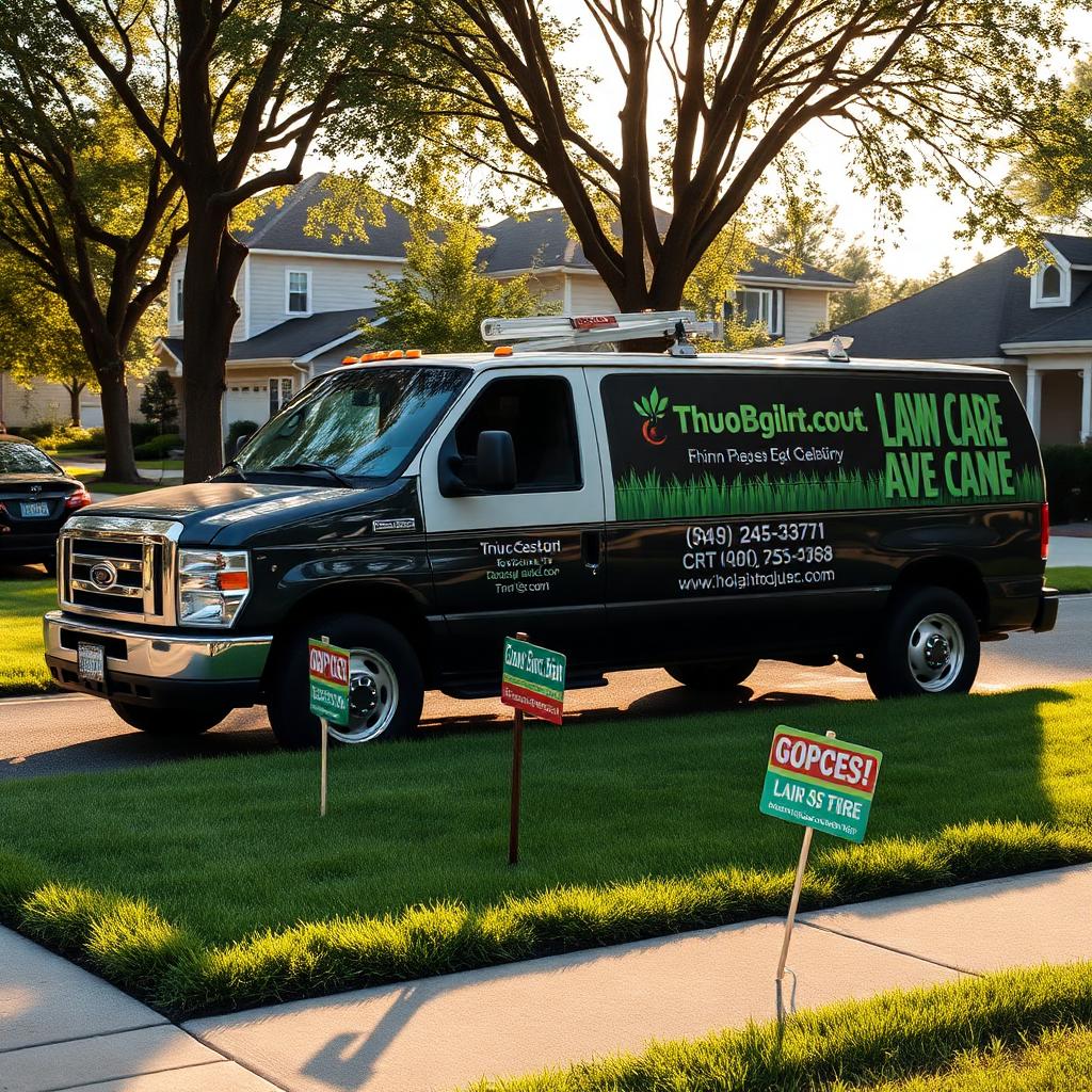 A branded lawn care truck parked at a suburban home with yard signs