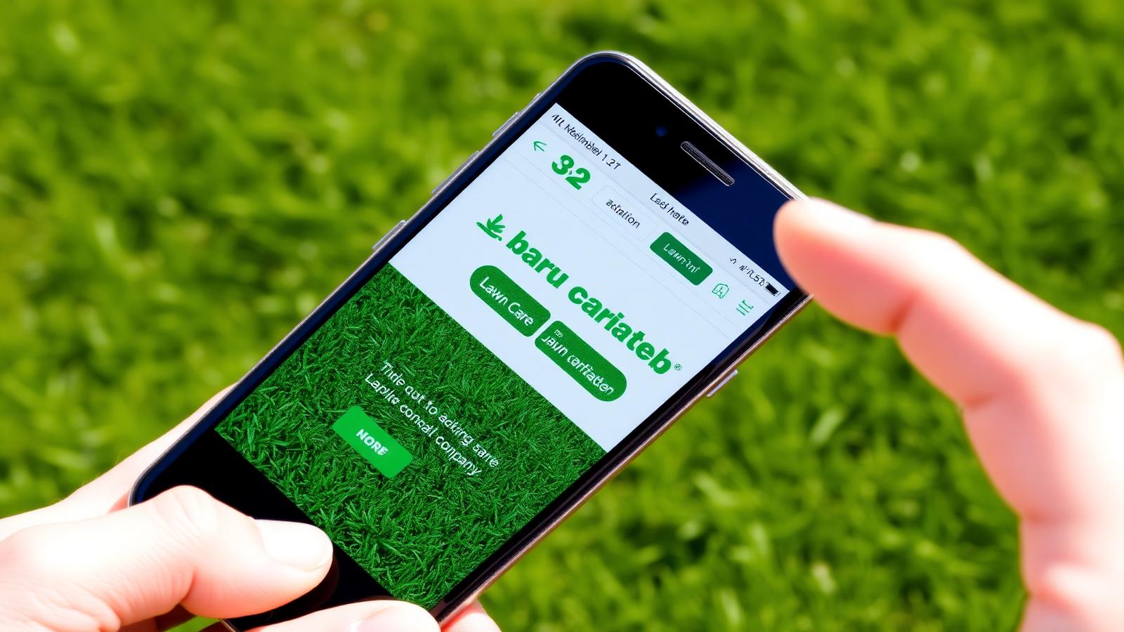 A close-up of a phone showing a lawn care company website