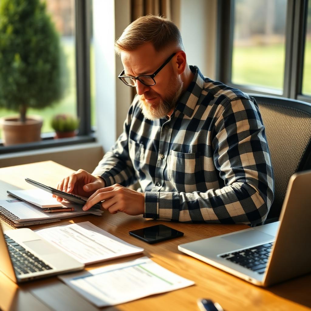 A lawn care company owner reviewing pricing spreadsheets and a calculator at a desk