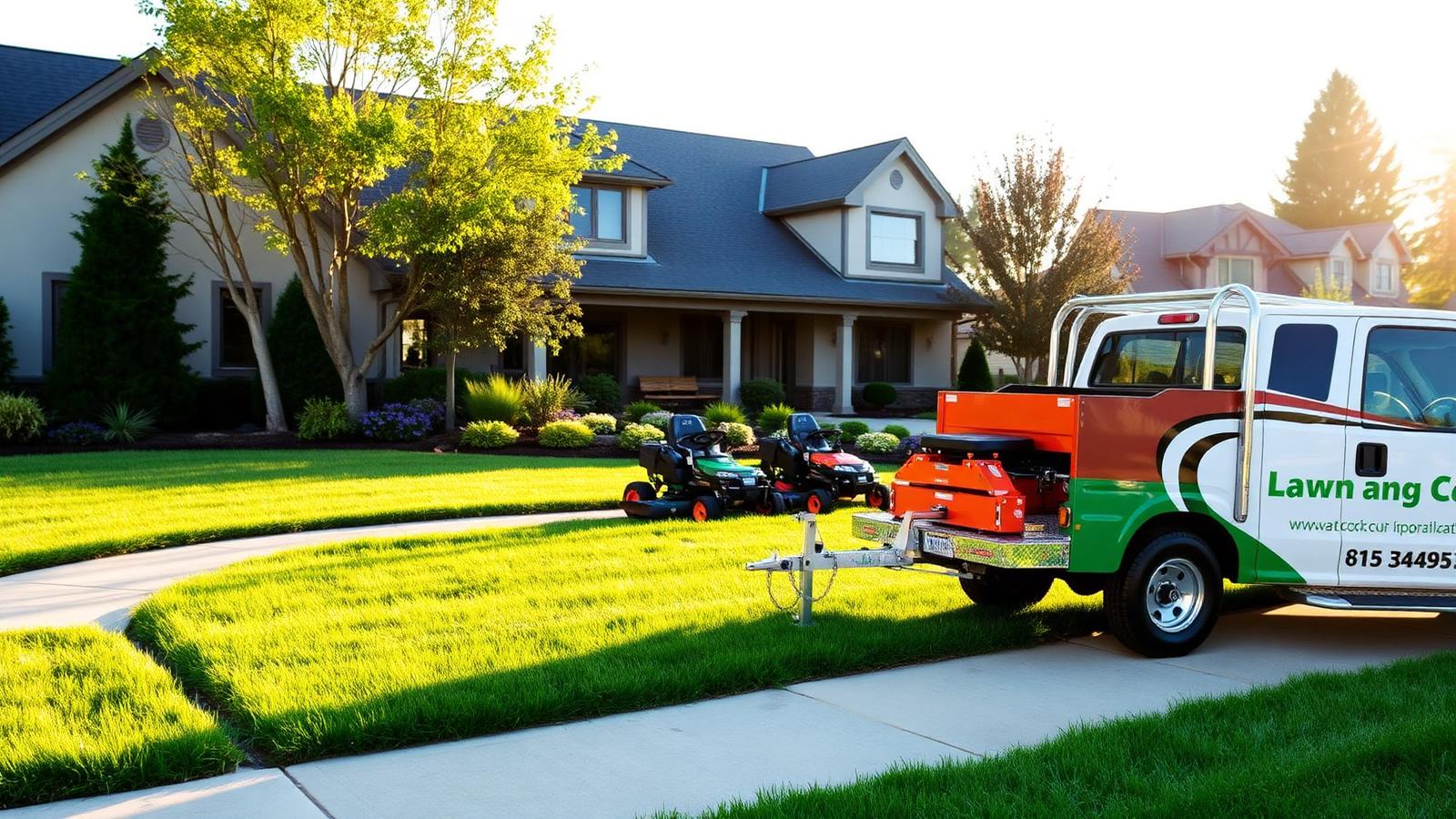 A branded lawn care truck and mower trailer parked at a suburban home