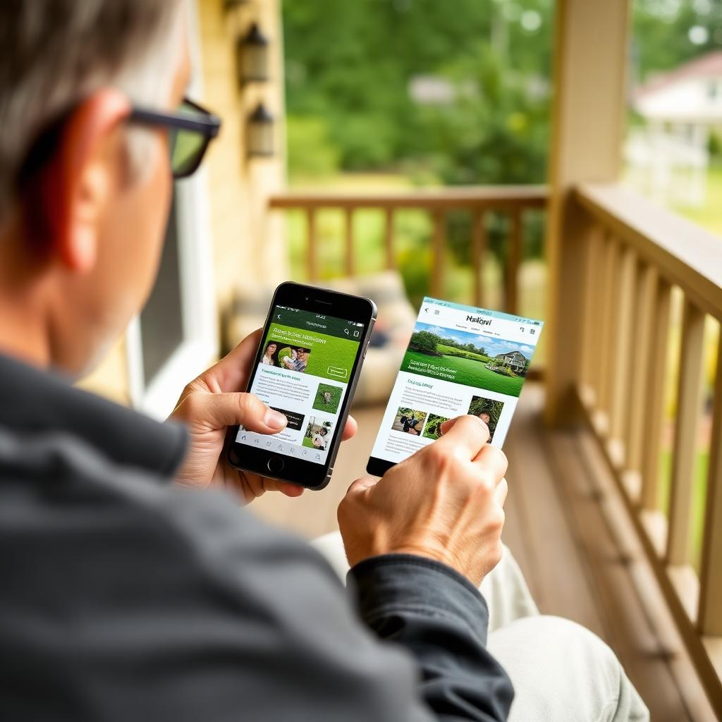 A homeowner on a porch comparing two lawn care websites on a phone
