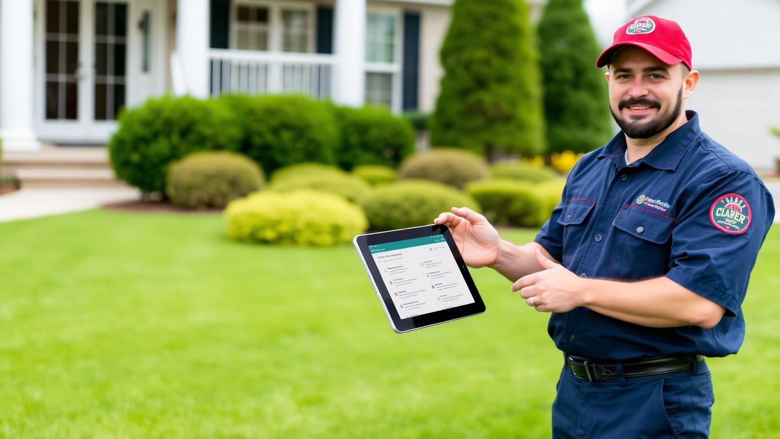 A lawn care technician holding a tablet displaying customer reviews