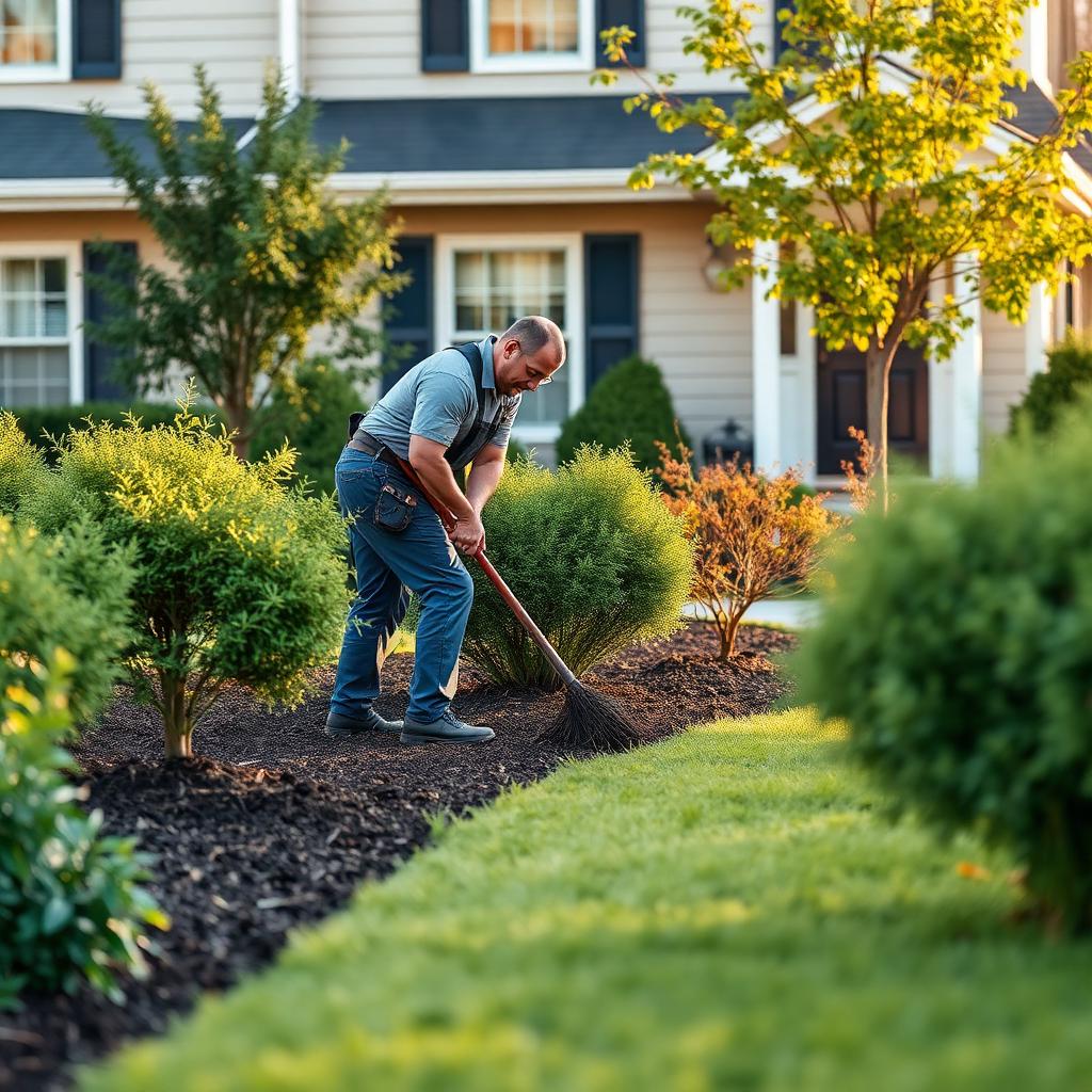 A landscaper mulching shrubs in front of a well-manicured home