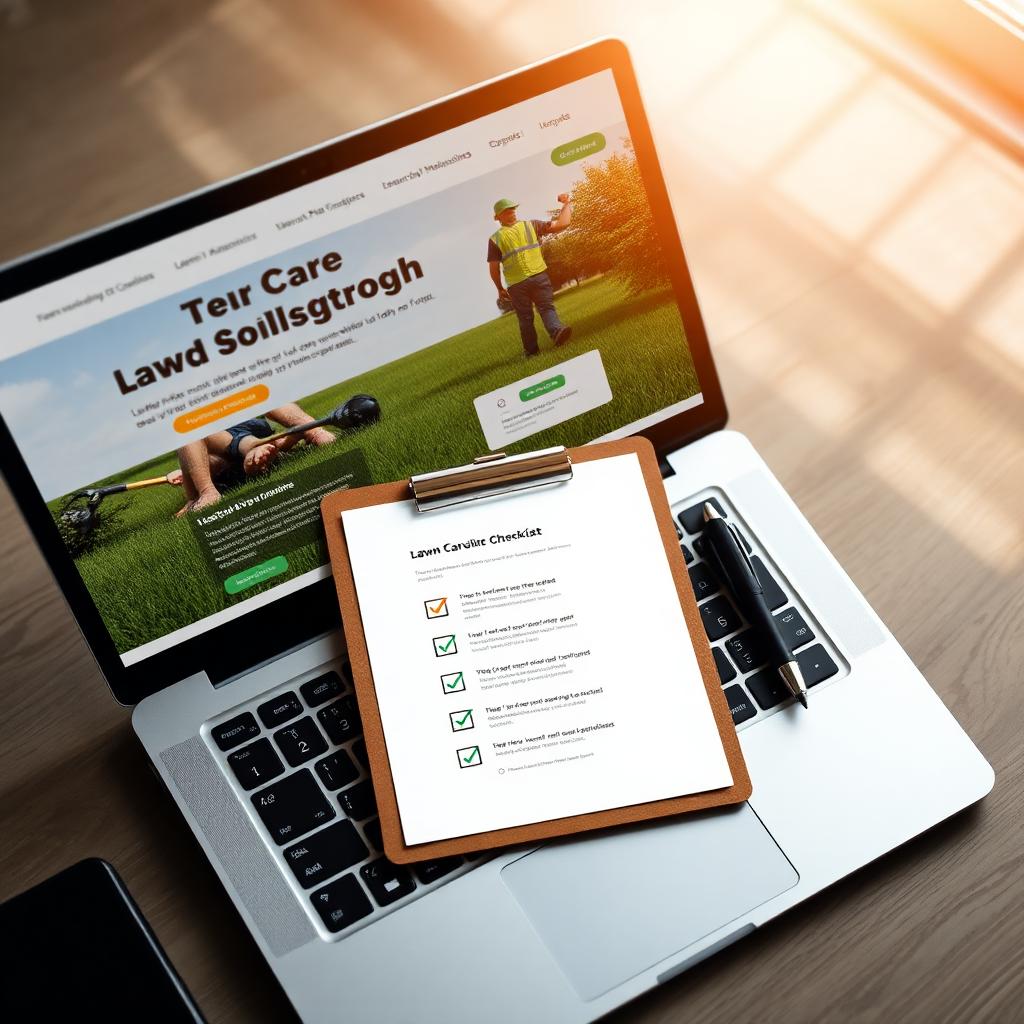 A clipboard checklist beside a laptop showing a lawn care website